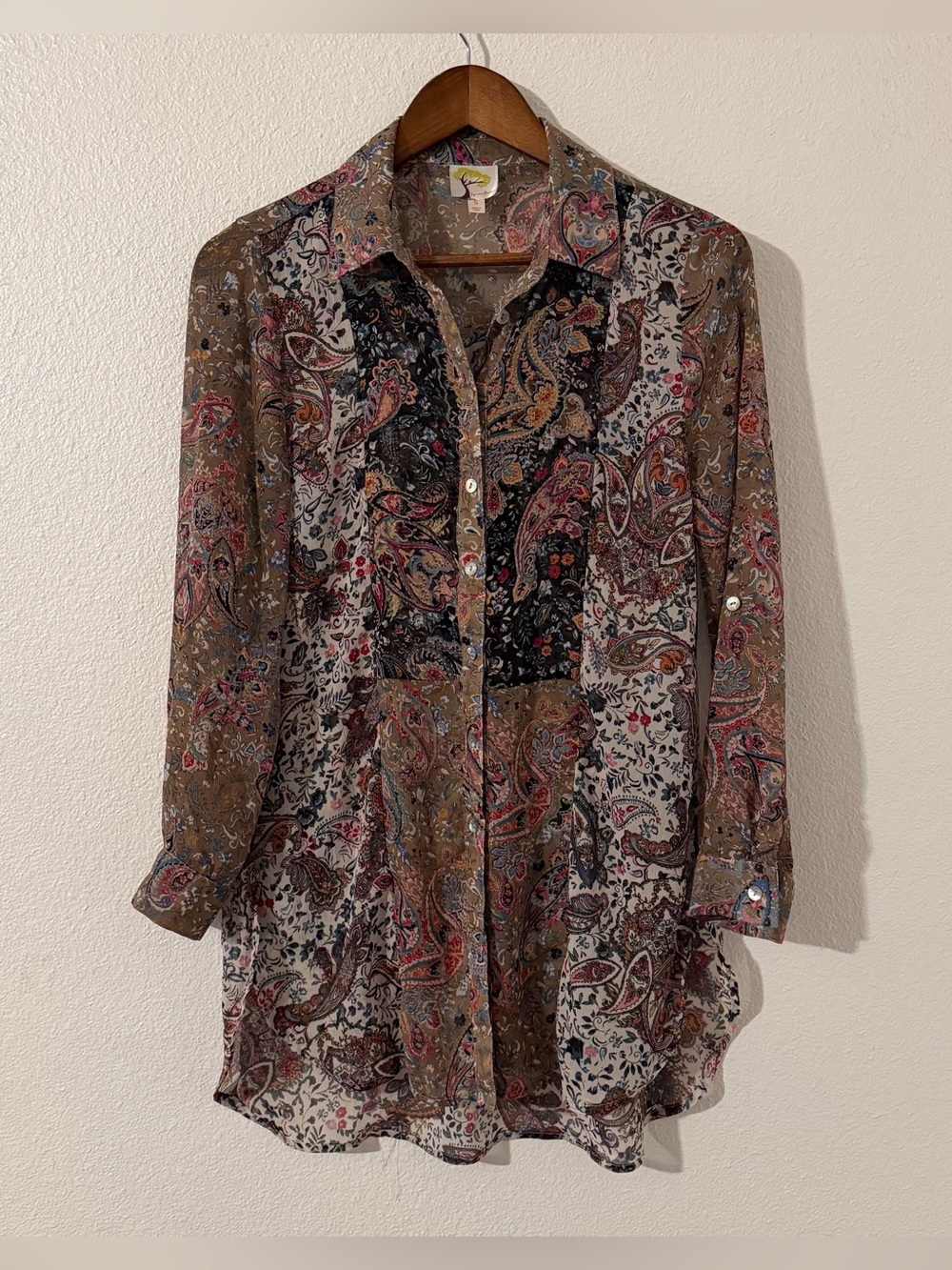 Fig and Flower Mixed Paisley Patchwork Button Down Tunic Shirt Multicolor Small